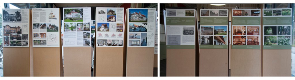 Auswahl von Ausstellungs-Tafeln: Beiträge zu renovierten, historischen Villen und zum Hotel Kaiserin Elisabeth